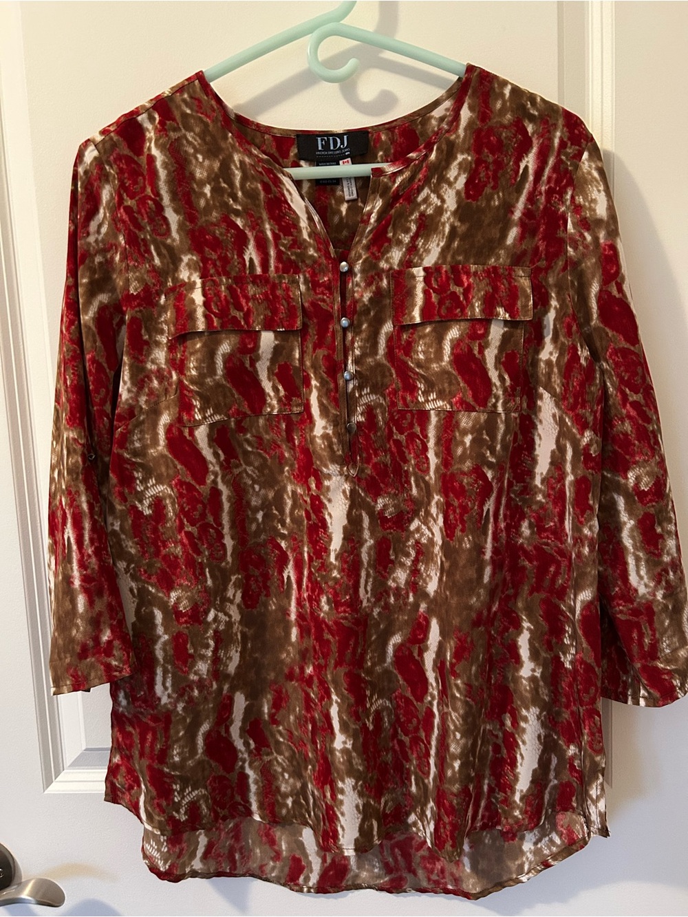 FDJ Red and Brown Patterned Split-Neck Blouse